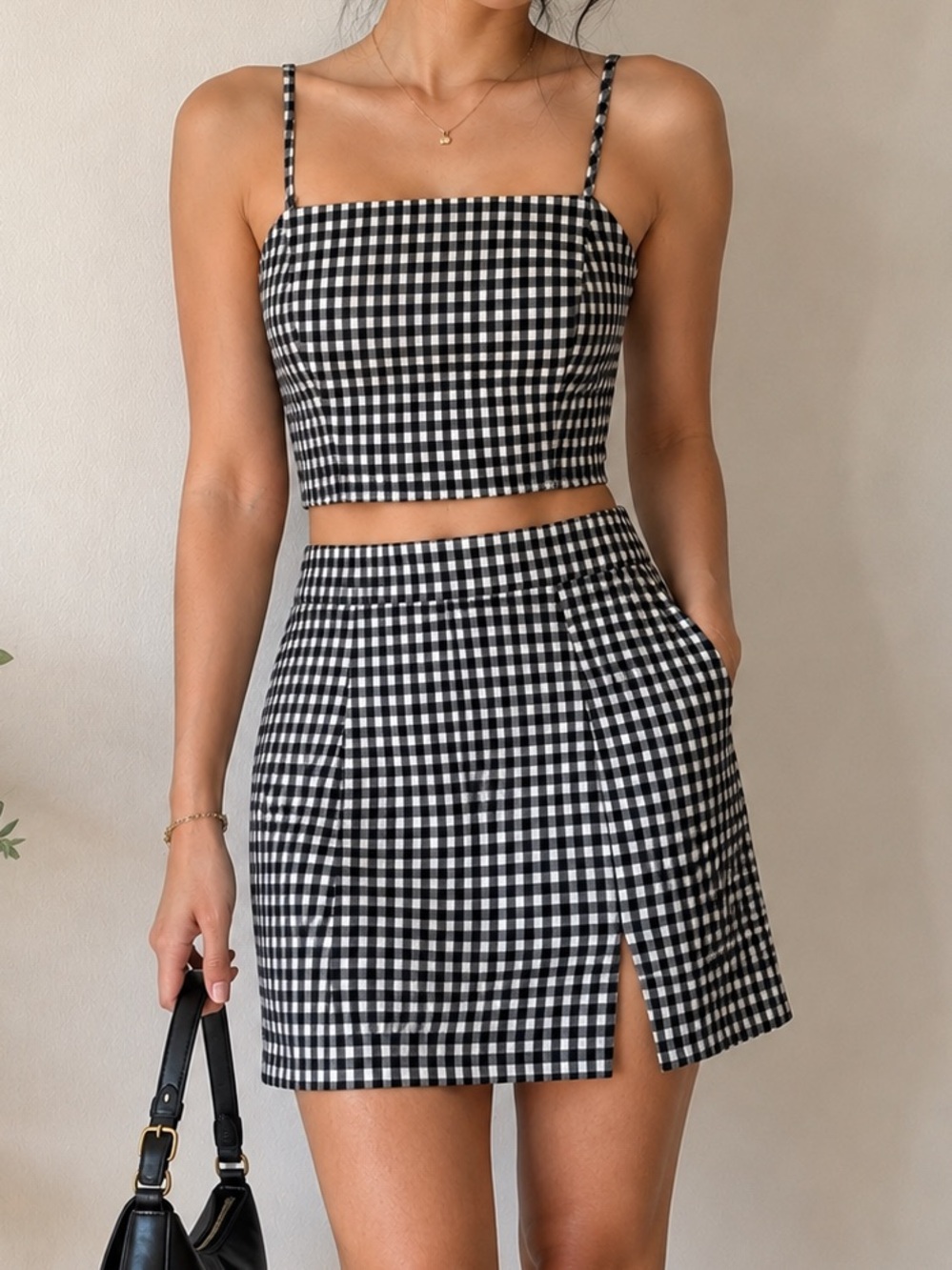 Black and White Gingham Two Piece set - Women Tank Top & Skirt